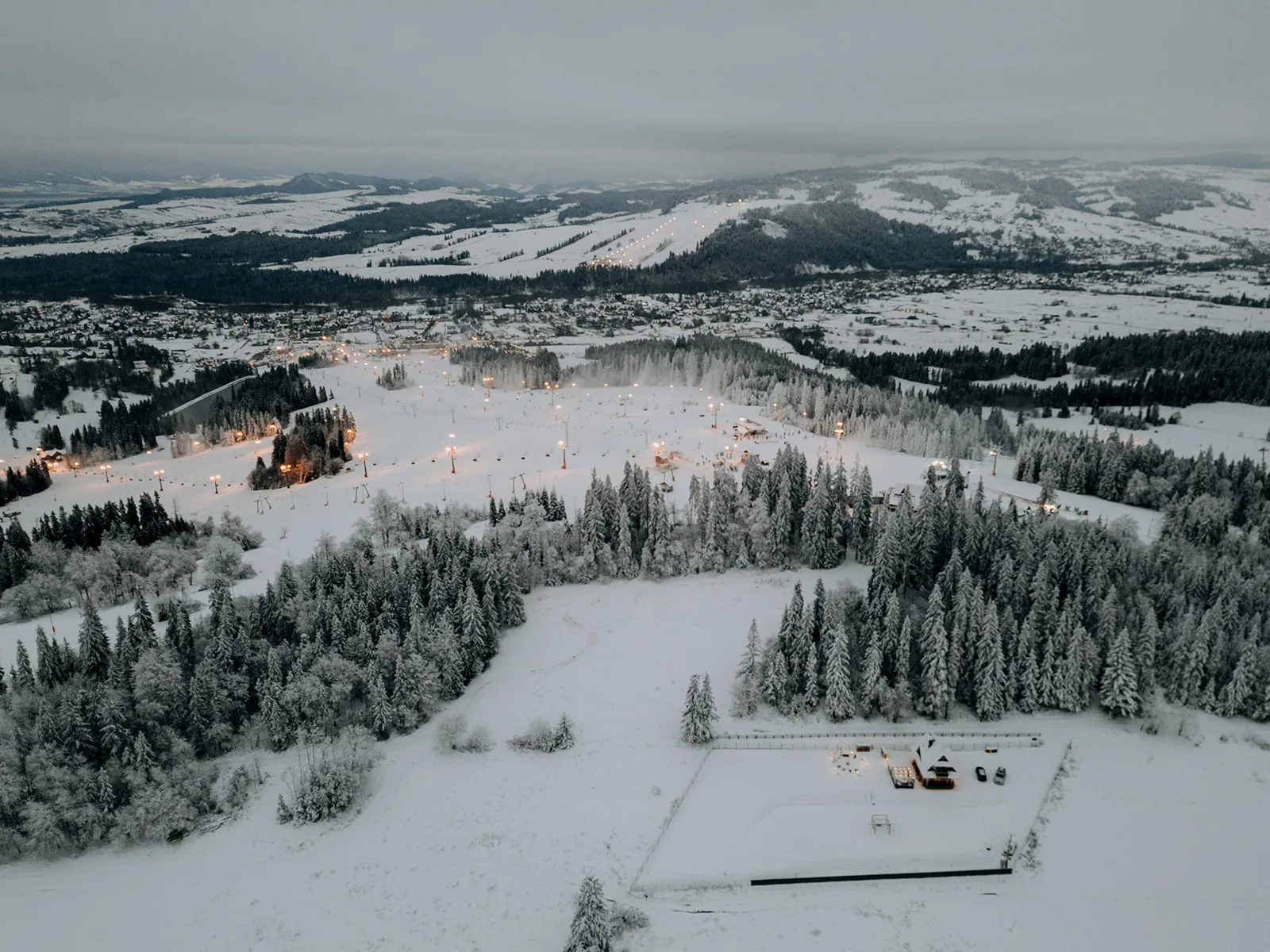 Leśna polana zimą — widok z drona